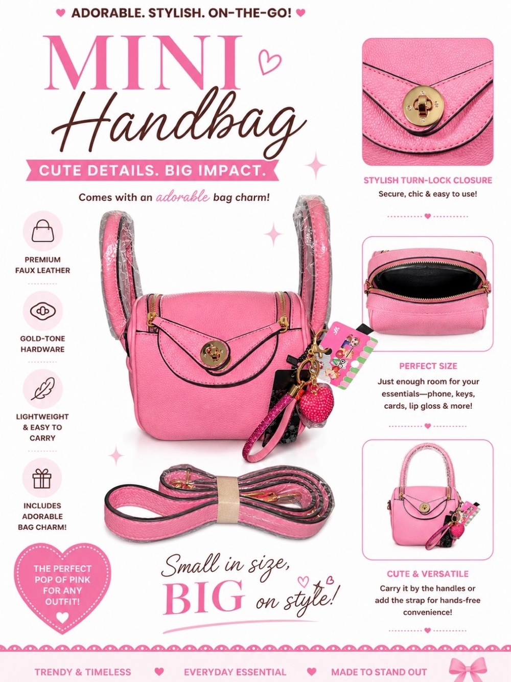 BUBBLEGUM PINK SHOULDER HANDBAG & SPARKLE PINK BAGCHARM